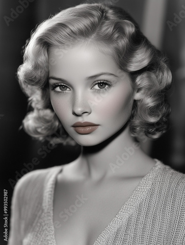 vintage hollywood portrait of woman with blonde wavy hair and classic makeup in black and white studio photograph