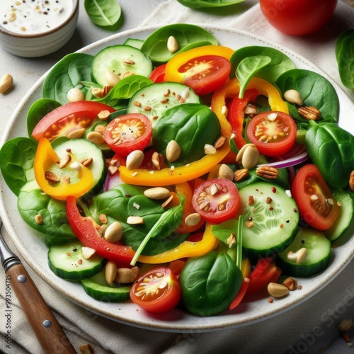 A vibrant plate of fresh vegetable salad featuring spinach leaves, sliced cucumbers, juicy cherry tomatoes, and bell peppers. Garnished with nuts for added texture and crunch, this colorful dish