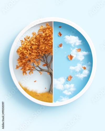 autumn and spring seasons depicted in circular split view illustration