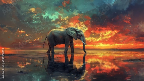 Surreal elephant pondering in a dream-like landscape, vibrant colors, reflecting on existence and meaning