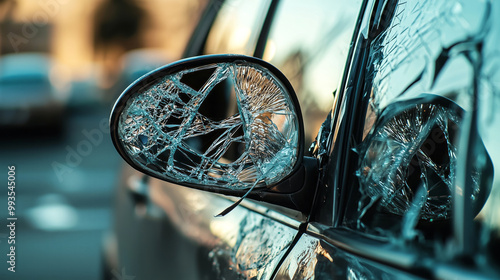 Detailed View of a Car Door with Collision Damage and Loose Mirror.