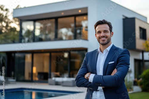 Confident real estate agent poses in front of modern luxury home