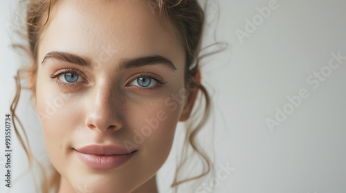 Close-Up Portrait of Young Woman with Blue Eyes and Natural Makeup in Soft Lighting - Beauty, Skincare, and Wellness Concept