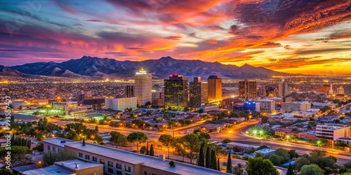 Stunning El Paso Skyline at Dusk with Vibrant Sunset Colors and City Lights Illuminating the View