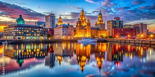 Stunning Liverpool City Skyline at Dusk with Illuminated Buildings and Reflections on Water Surface