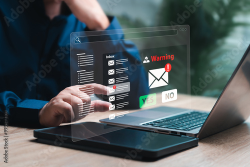 Warning alerts for email concept, Inbox and spam viruses, Identity theft scams, Businessman selecting Yes or No from email scammers, Notification and internet communication, security protection alert