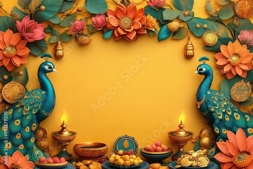 Diwali Lakshmi Puja style wallpaper saffron yellow background with peacock blue decoration and large blank space in the center for text lotus flowers and peacocks on both sides of the frame oil lamps