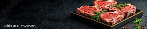 Fresh raw meat cuts displayed on a dark background, ideal for culinary purposes. Perfect for chefs and food enthusiasts seeking quality ingredients.