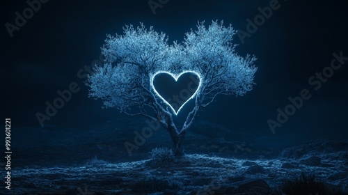 Bare tree with heart-shaped hollow in its trunk, minimal leaves, glowing white highlights on branches, perfect as a wedding guest book centerpiece