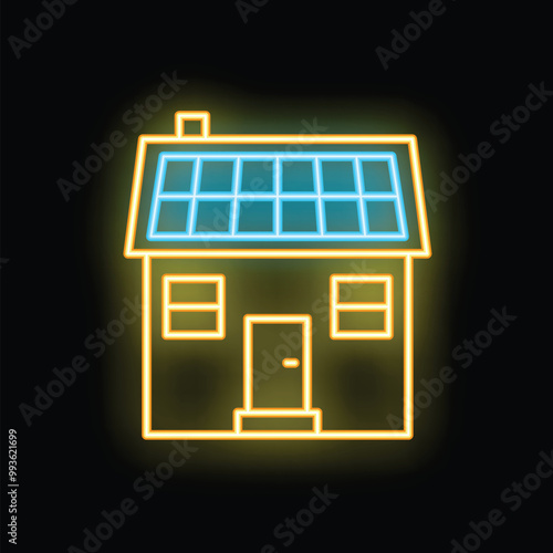 Neon house icon with solar panels on its roof, illustrating the concept of renewable energy