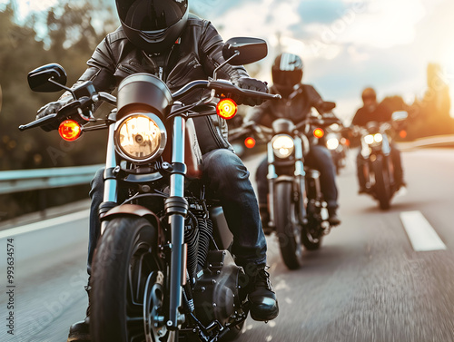 "Motley crew of bikers speeding along the open road, full throttle and fearless determination."