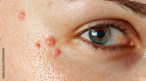 Macro shot of skin with active pimples, redness, and clogged pores The healing phase shows reducing inflammation and a clearer complexion