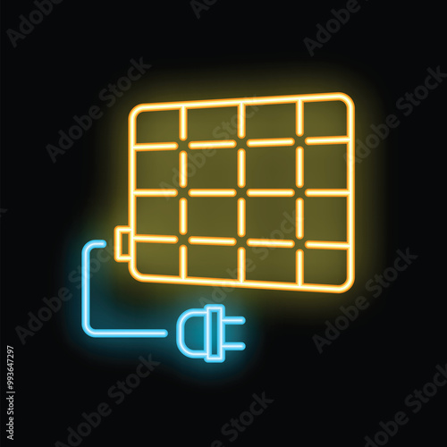 Neon solar panel generating electricity with plug icon on black background