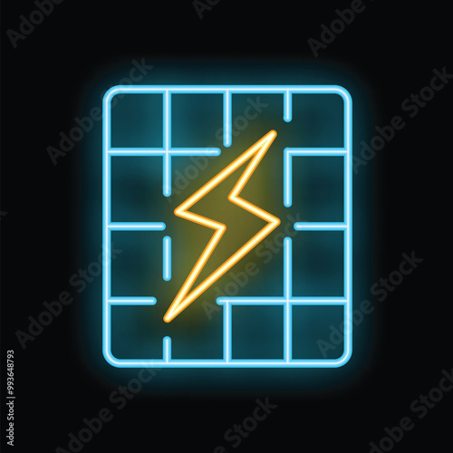 Glowing neon line solar energy panel icon isolated on black background, representing renewable and sustainable energy