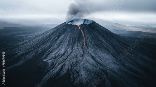 This striking image highlights a steady stream of glowing lava descending a mountain slope, with billowing smoke and ash clouds suggesting an ongoing intense volcanic activity.