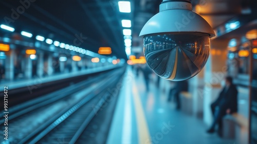 Dome camera overlooking subway platform. Dome surveillance camera focuses on a subway platform with blurred passengers in the background, ensuring public safety in a busy urban environment.