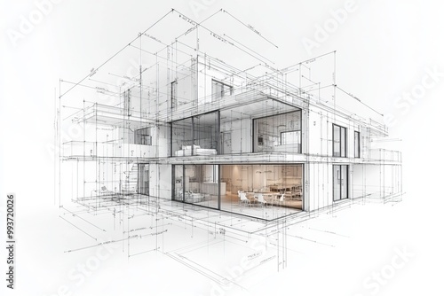 Technical wireframe sketch of a modern house structure featuring detailed architectural drawings and geometric perspectives of the buildings exterior and layout