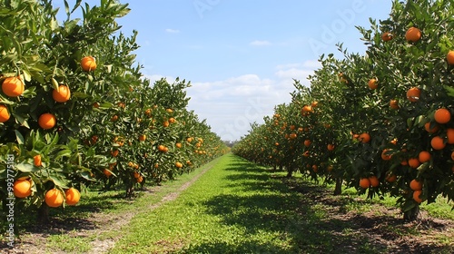 A wide photograph showcasing a lush 3 acre orange orchard with rows of vibrant citrus trees bearing ripe hanging fruit under a clear blue sky The scene depicts a tranquil