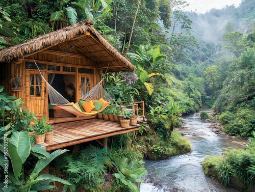 Serene scene of eco-friendly bamboo lodge with hammock near a natural stream in tropical forest surrounded by green plants, ecotourism concept. Generative AI