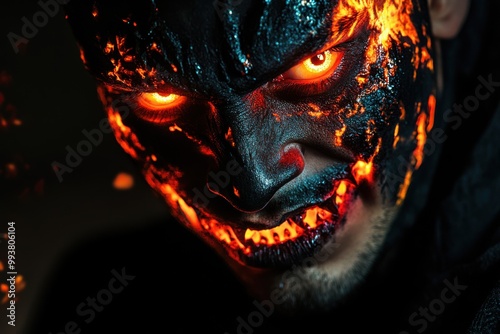 Portrait of a Hispanic man with fiery demon makeup, featuring sharp teeth and glowing red eyes, copy space in the middle, in a black background, Halloween theme, infernal and menacing