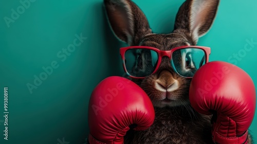 Playful image of a rabbit wearing blue sunglasses and red boxing gloves against a turquoise backdrop, adding a humorous and whimsical touch to the scene.