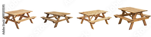 A collection of wooden picnic tables ideal for outdoor dining, gatherings, and relaxation in a natural setting. on transparent cutout, PNG file