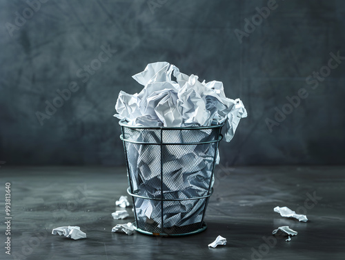 A wrinkled sheet of paper thrown into a trash can, symbolizing discarded ideas or drafts.