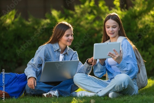 Young school girl laptop sit near the school and study