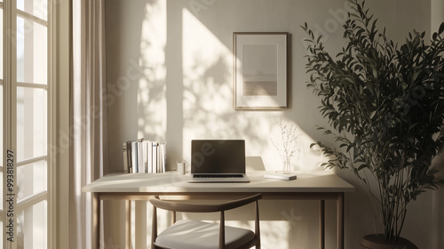 A simple, uncluttered desk setup with a laptop, chair, and a large window allowing plenty of natural light. The neutral tones and clean lines create a peaceful workspace