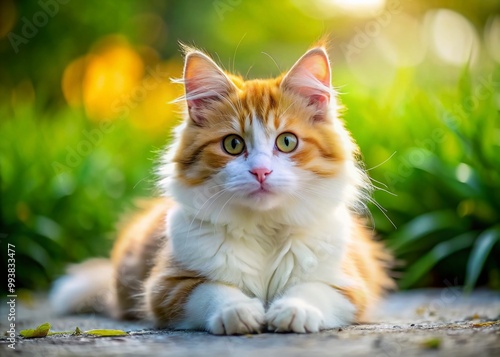 Adorable Munchkin Cat with Orange and White Fur Relaxing Playfully on a Soft Surface at Home