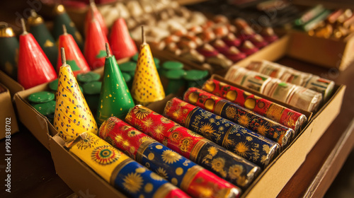 Festive arrangement of traditional Indian Diwali firecrackers with lamp wick on a bright violet fabric background.