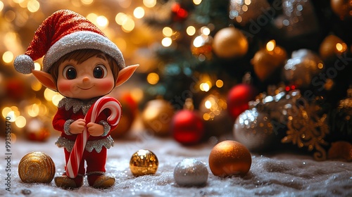 Cute Christmas elf holding a candy cane amidst festive decorations and glowing lights. Contains ample room for copyspace.