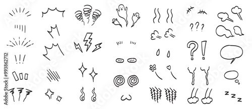 Set of hand drawn manga comic book emotion effects. Hand drawn line or outline anime elements. Doodle vector icons and sign facial expression of fear, anger, dizzy, crying or sighing. Motion effects.