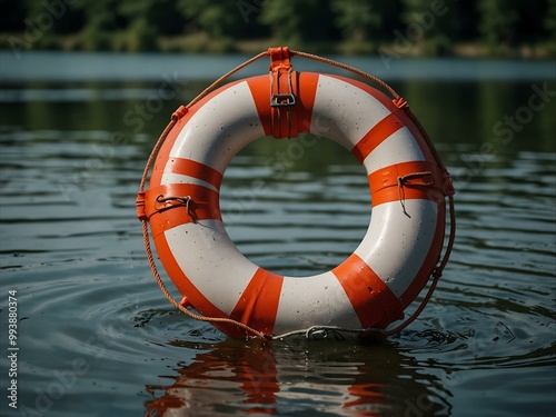 Macro shot of a lifebuoy floating on a lake.