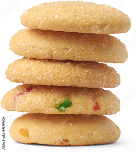 stack of sugar cookies isolated white background, baked sweet biscuits with crisp texture and buttery flavor