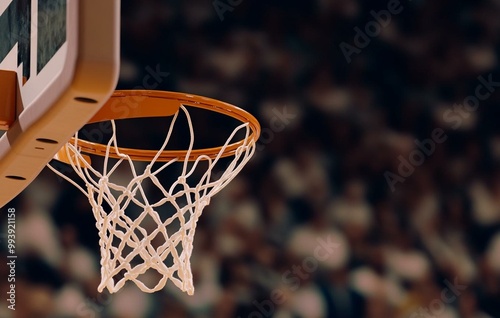 Basketball hoop and net in sports arena. Close-up shot with audience in the background.