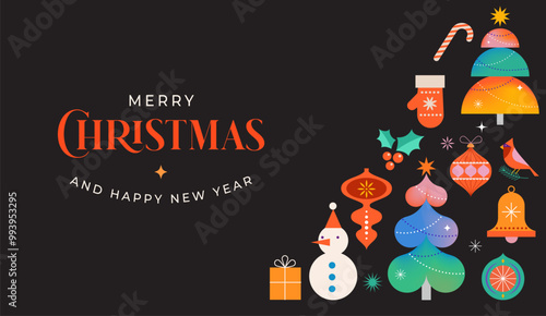 Merry Christmas and Happy New Year. Concept Christmas background with colorful geometrical style winter village. Homes, trees, decorations elements. Vector Illustration