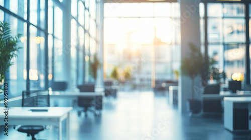 Modern office interior with panoramic windows and blurred background for professional use