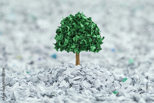 A green tree on a mound of shredded paper waste.