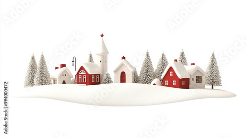 A charming winter village scene with snow-covered houses and trees, creating a festive, serene atmosphere.