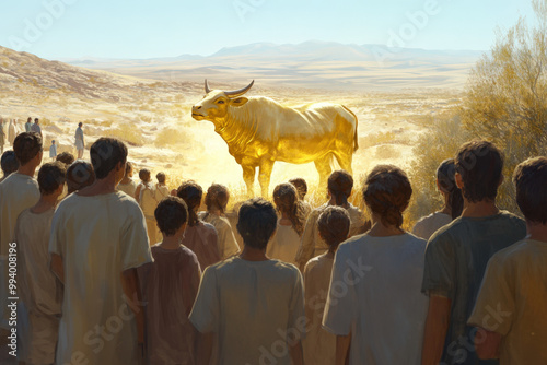 Large crowd of israelites are gathered in the desert, worshiping a golden calf statue