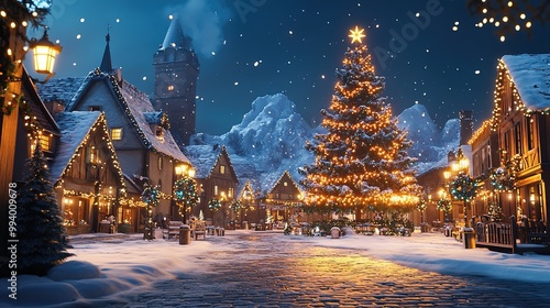 Snowy holiday town with festive lights and Christmas tree