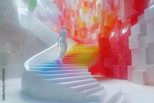 A digital figure climbing a staircase made of colorful blocks each block representing a step toward a better future.