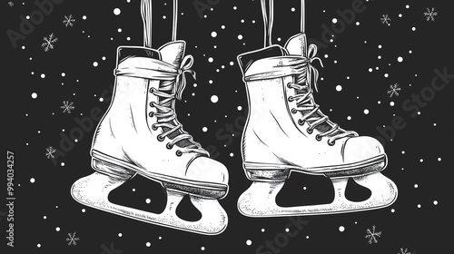 White ice skates dangle from strings in a snowy backdrop, capturing the essence of winter sports and seasonal joy, ideal for skating enthusiasts.