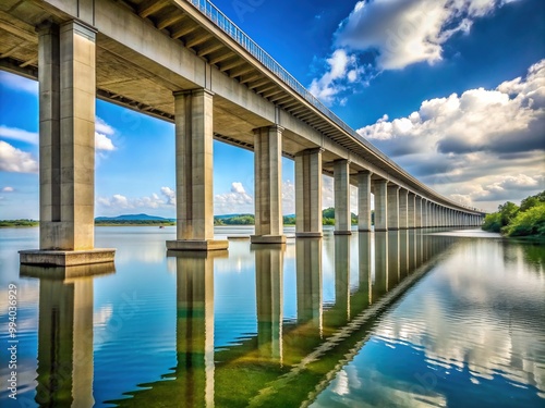 Massive reinforced concrete road bridge spans wide river, strong pillars rise from calm water, sturdy beams support road deck, majestic structure dominates landscape.