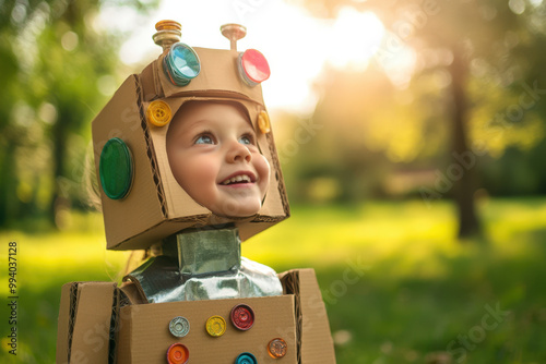 Cheerful child wearing a robot costume made of cardboard boxes is having fun outdoors