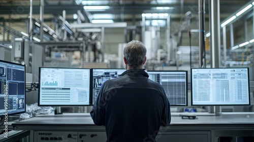 A factory manager overseeing the production process from a control room, with screens displaying real-time data, emphasizing the role of technology in managing and optimizing manufacturing operations