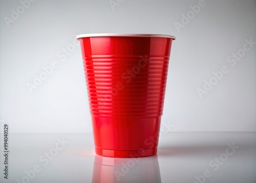 Solo bright red plastic cup stands upright on a clean transparent background, its vibrant color popping against the neutral surroundings, waiting for a refreshing drink.