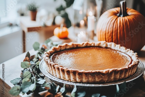 Cozy autumn pumpkin pie on festive table