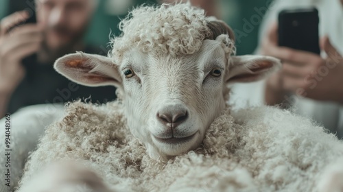 A calm sheep is comfortably seated in a barber shop chair with mirrors reflecting the scene, creating a playful and whimsical situation of animal grooming in human context.